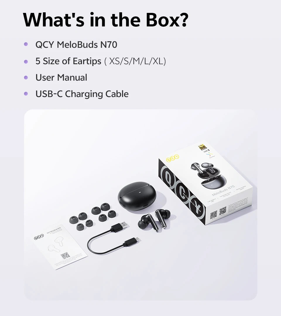 QCY MeloBuds N70 Adaptacyjne ANC Bezprzewodowe słuchawki douszne Bluetooth 6.0 LDAC Hi-Res Audio 6 mikrofonów Ładowanie bezprzewodowe Słuchawki 50 godzin IPX5