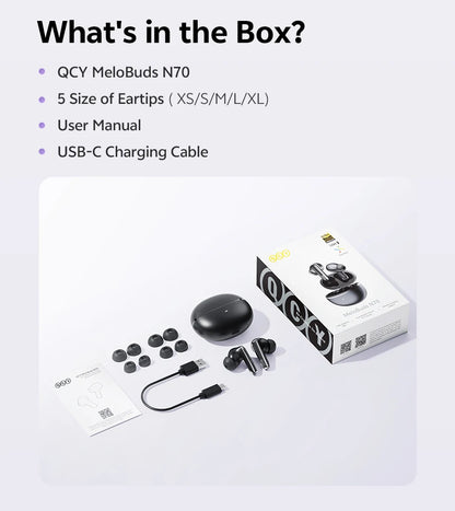 QCY MeloBuds N70 Adaptacyjne ANC Bezprzewodowe słuchawki douszne Bluetooth 6.0 LDAC Hi-Res Audio 6 mikrofonów Ładowanie bezprzewodowe Słuchawki 50 godzin IPX5