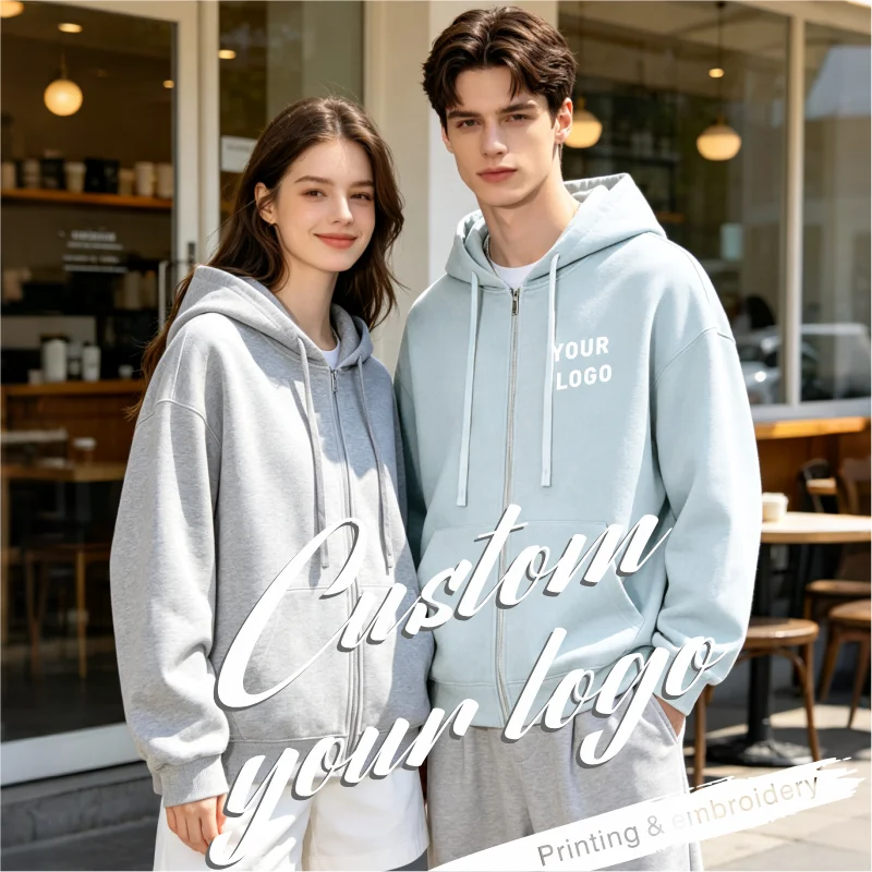 Bulk Custom Logo Full Zip Up Hoodie Unisex Sweatshirt Personalized Printing Embroidery Team Staff Uniform Work Jacket Men Women