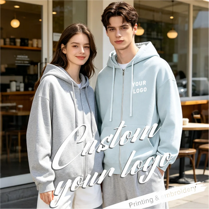 Bulk Custom Logo Full Zip Up Hoodie Unisex Sweatshirt Personalized Printing Embroidery Team Staff Uniform Work Jacket Men Women