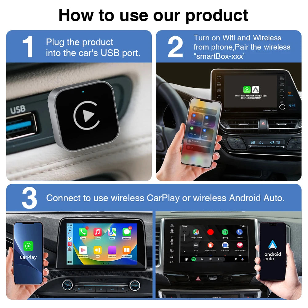 2 in 1 Wireless CarPlay Android Auto Adapter Carplay AI Box Auto Connect Wireless CarPlay Adapter for Factory Wired CarPlay Cars
