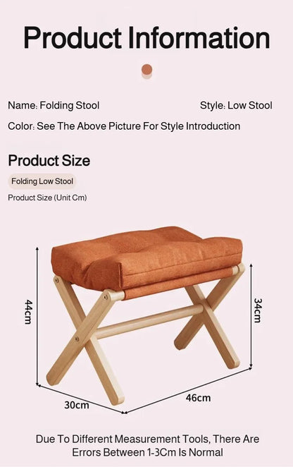 Solid Wood Folding Entryway Stool - Shoe Changing Footstool with Cotton-filled Cushion for Sofa Rest