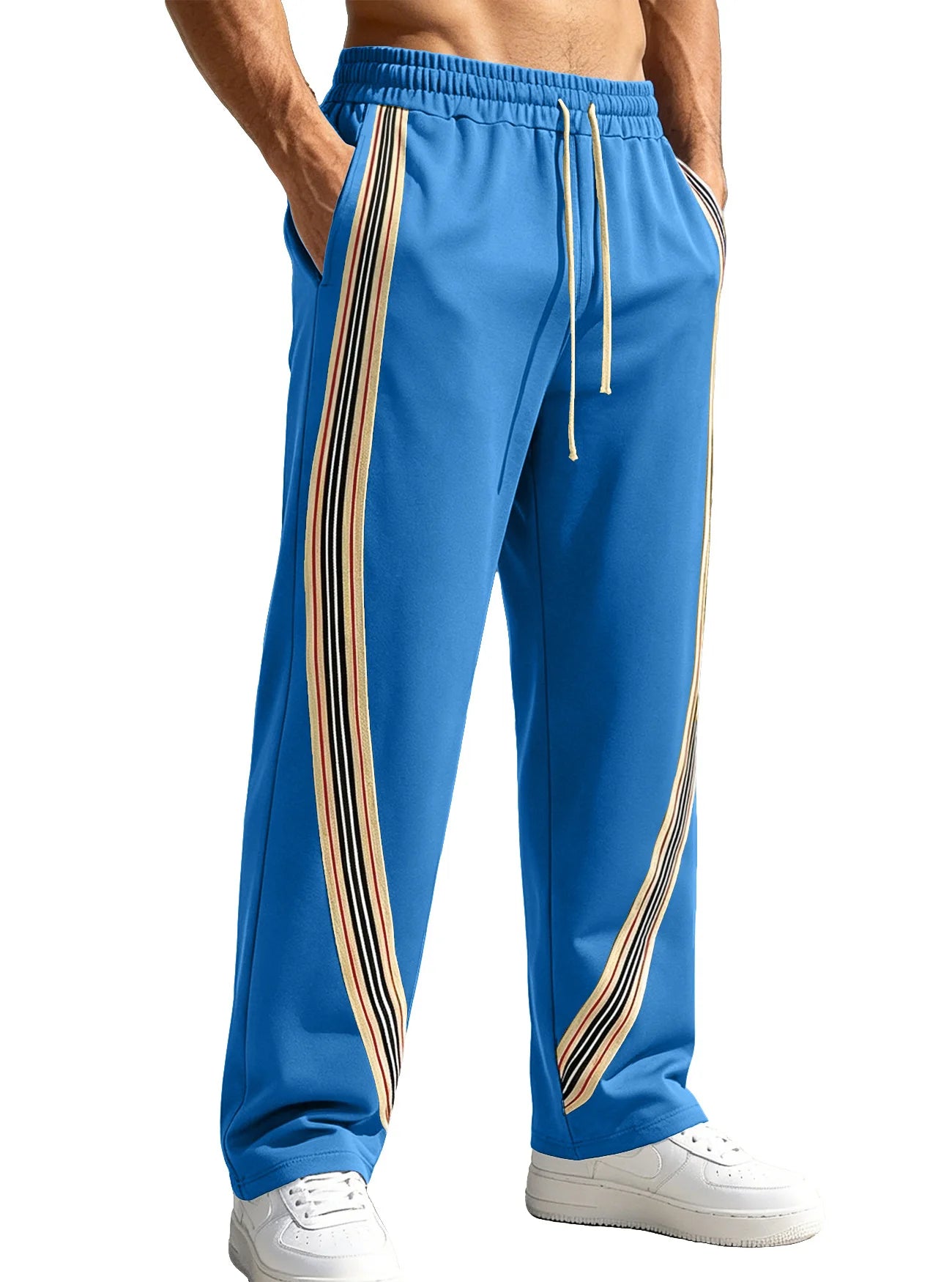 Men Striped Side Track Pants Elastic Drawstring Waist Sweatpants Straight Leg Joggers Streetwear Loose Sport Pants Daily Workout