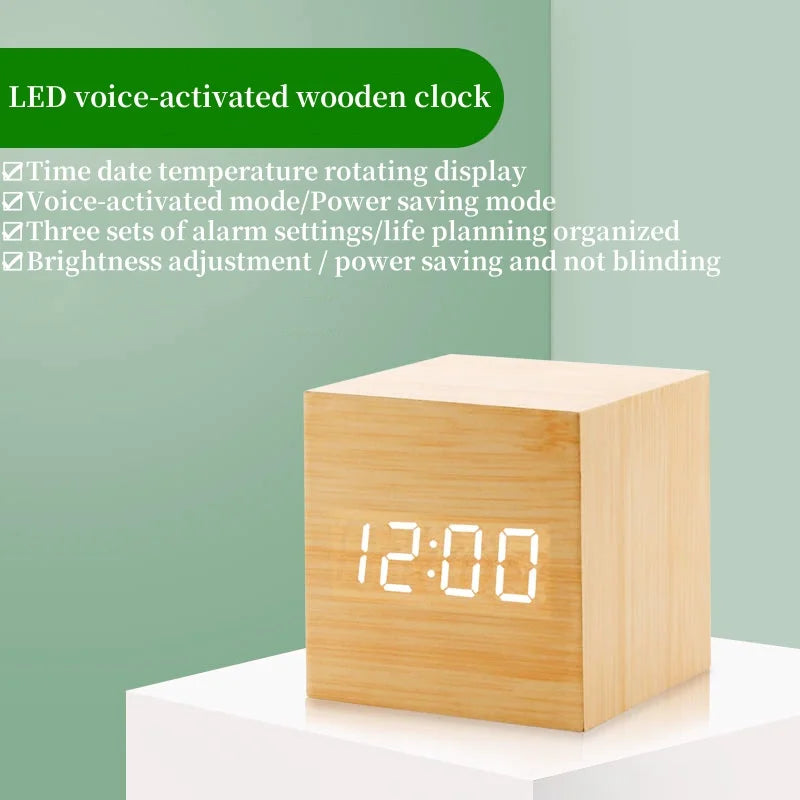Voice Control  Wooden Digital Alarm Clock TEMP Date 3 Alarms Desktop Electronic Table Clock 12/24H USB Powered LED Bedside Clock