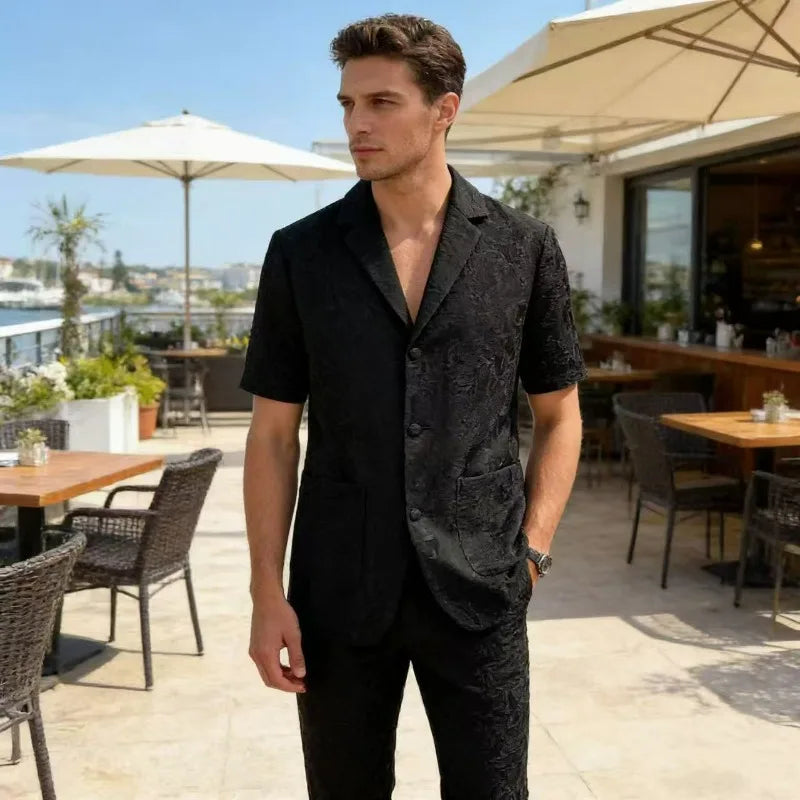KIDWHXR Summer Man Suit Set Korean Thin Slim Short Sleeve Male 2-piece Outfit Men Single-breasted Blazer Elastic Waist Pant