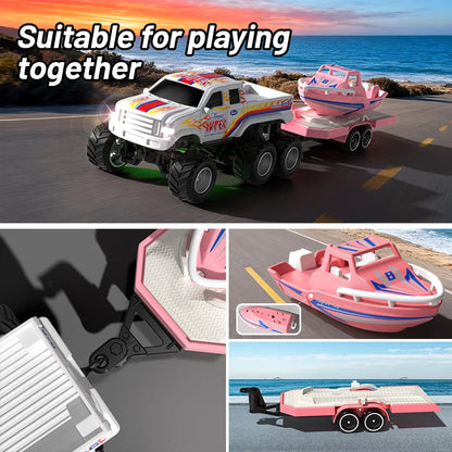 JJRC 1:64 Mini 6-Wheel Alloy RC Offroad Pickup Truck With Trailer & Speedboat Full Proportional Remote Control Car Boys Gift Toy