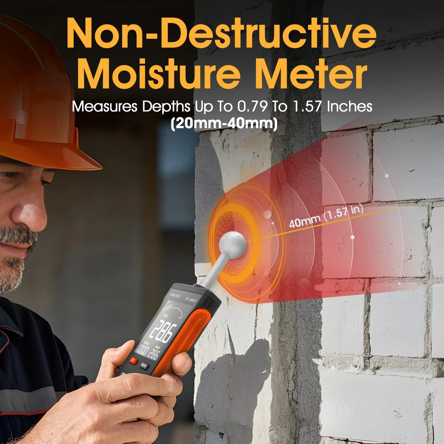 BTMETER Wood Moisture Meter - Pinless Moisture Detector Measur Depth 20-40mm Non-Destructive Moisture Tester with Masonry