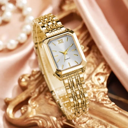 5PCS/Set Elegant Rectangle Women Watches Fashion Roma Dial Ladies Quartz Wristwatch Rhinestone Jewelry Set（Without Box）