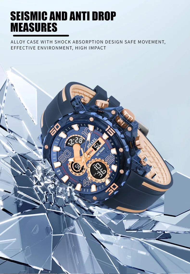 SMAEL 8136 Dual Display Military Watch for Men - 50M Waterproof LED Alarm Chronograph Stopwatch Shock Resistant