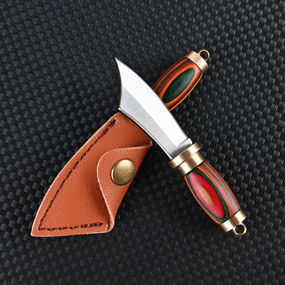 Portable Mini Knife Brass Wood Unboxing Hollow Blade EDC Fixed Blade Leather Cover Cutter Outdoor Surivival Tools Gift