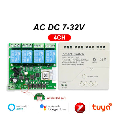 Tuya / Ewelink 4CH WiFi / Zigbee Smart Relay Switch Module 4 Channel AC DC 7-32V 85-250V RF433 Receiver for Alexa Google Home