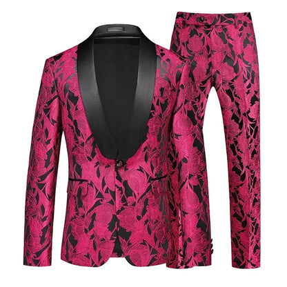 Man Outfit Fashion Printed Patchwork Slim Long Sleeve Men Suit Sets Single-breasted Blazer Straight-leg Pants Male 2-piece Suits