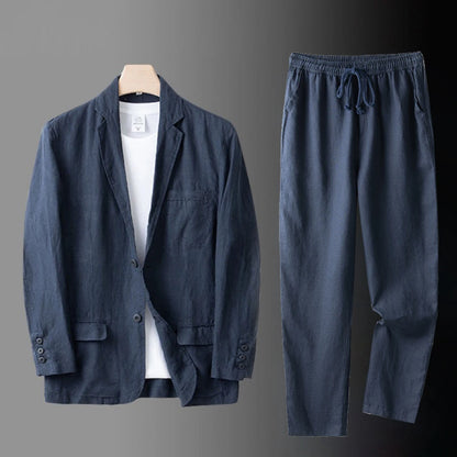 High Quality Men Blazer Jacket and Pants Man Linen Blazer  2 Piece Suit Spring Summer Thin Style Fashion Casual Set Long Sleeve