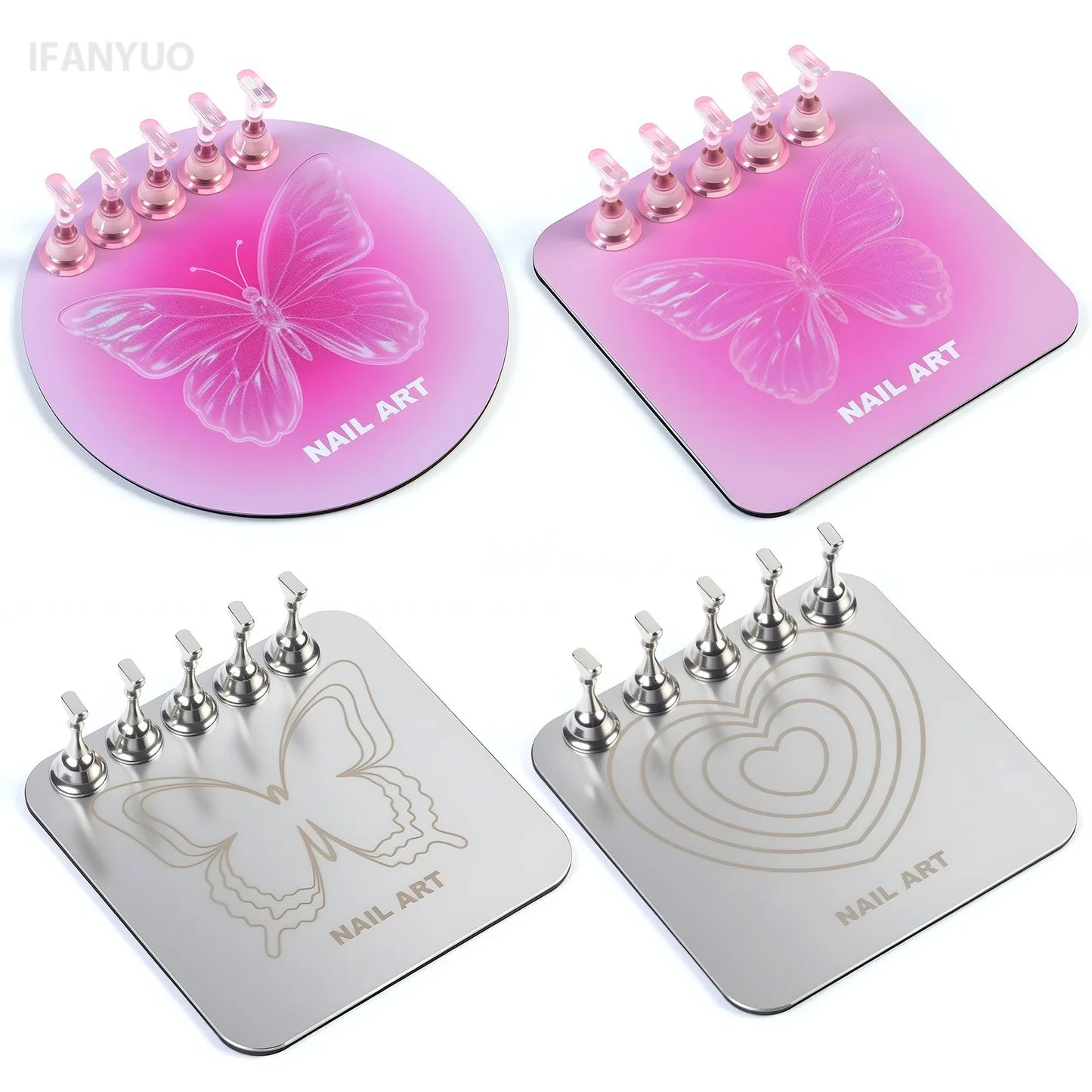 Pink Butterfly Nail Holder 6Pcs/Set False Nail Tip Practice Stand Aurora Base Full Magnetic Holder Tray Nail Art Salon Practice
