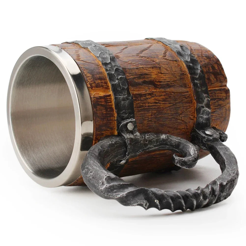Viking Wood Style Beer Mug, Simulated Wooden Barrel Double Wall Metal Insulated Cup, 1Pc Bar Drinking Mug
