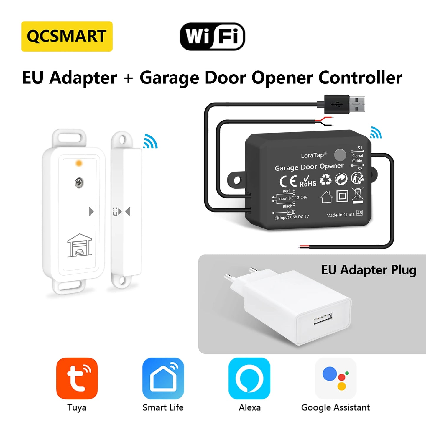 Tuya Smart Life Garage Door Wireless Door Sensor Opener Controller Contacts USB Charger Remote Control Google Assistant Alexa
