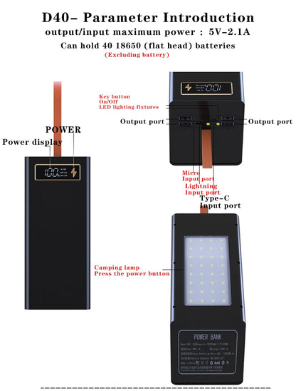 40*18650 DIY Power Bank Case Batteries Power Box Regular/PD Camping light Version Power Bank Shell  Batteries Power Shell