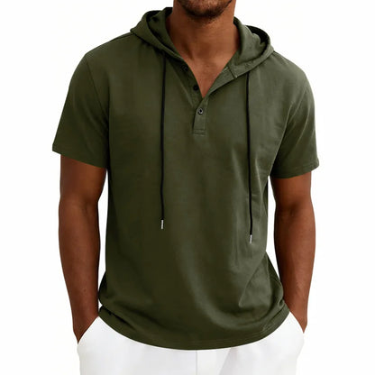 Summer Men's Short Sleeve Hooded T-Shirt Henry Neckline Drawstring Design Casual Loose Breathable Sporty Vest