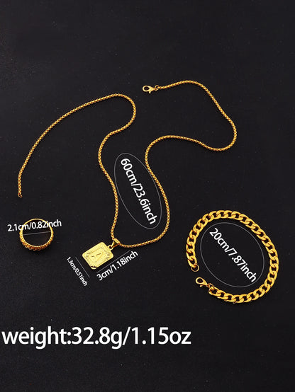 Men's Casual Fashion Quartz Watch Set with Ring Necklace Bracelet Combo Suitable for Daily Wear Perfect Father's Day Gift
