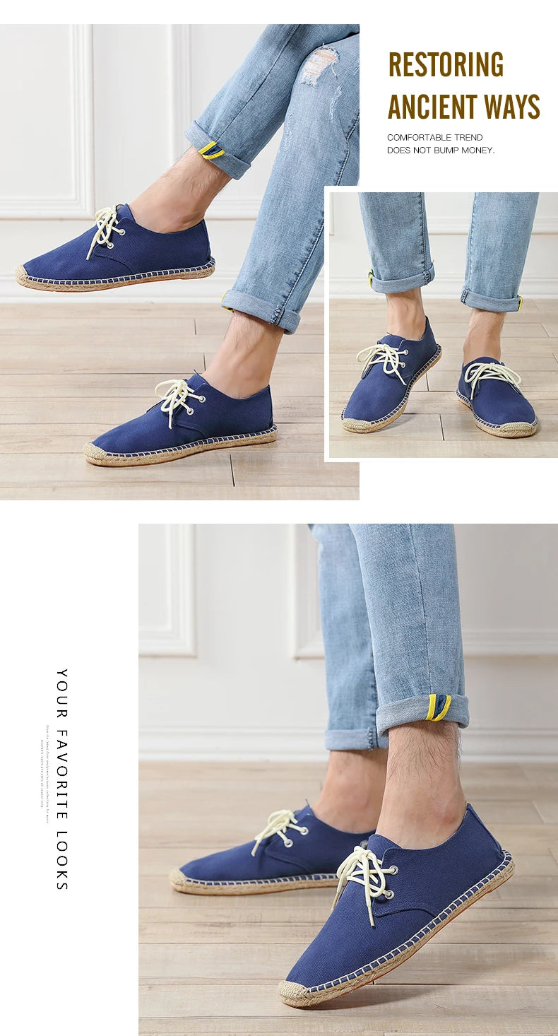 Male Casual Canvas Hemp Insole Fisherman Light Shoes Ethnic Style Men Espadrille Flats Shoes Summer Casual Shoes Driving Shoes