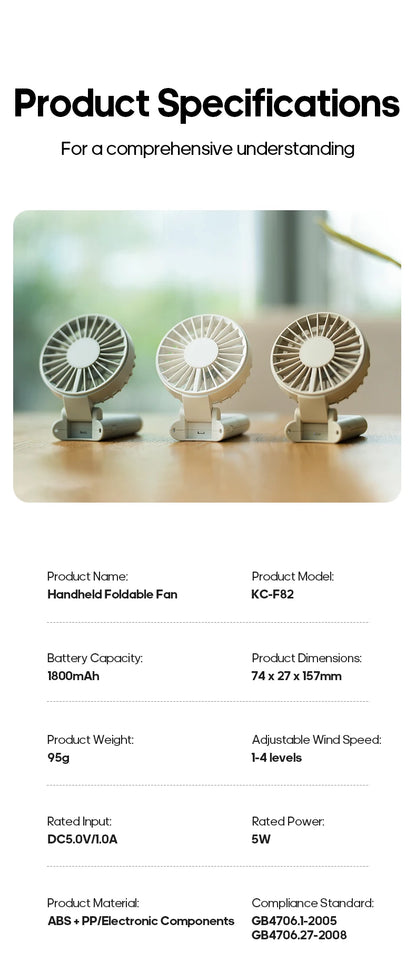 Portable Folding Handheld Fan 1800mAh Desktop Rechargeable Fan 4-speed Wind Angle Adjustable with LED Display for Outdoor Travel