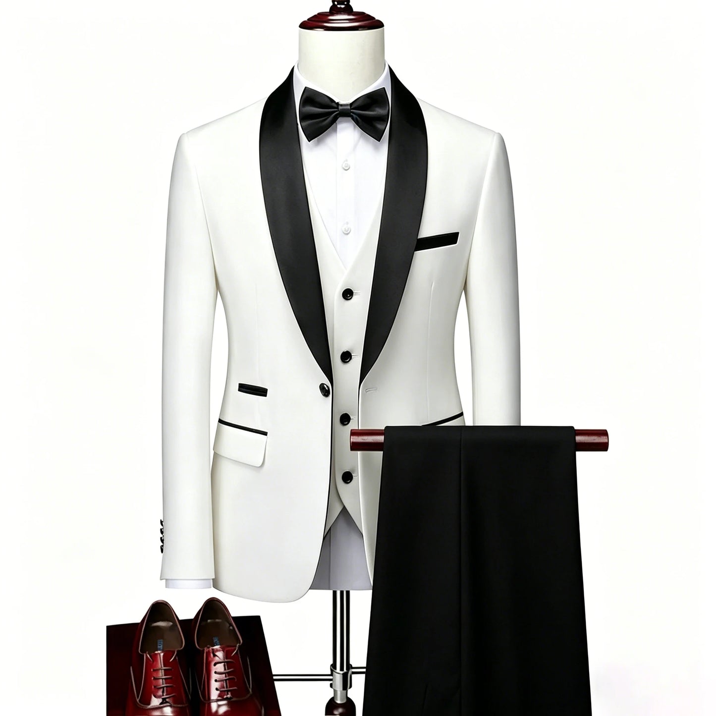 ( Jacket + Vest + Pants ) Men's 3 Piece Tuxedo Suit Set, Beige Blazer with Black Shawl Lapel for Wedding, Groom, Formal Party