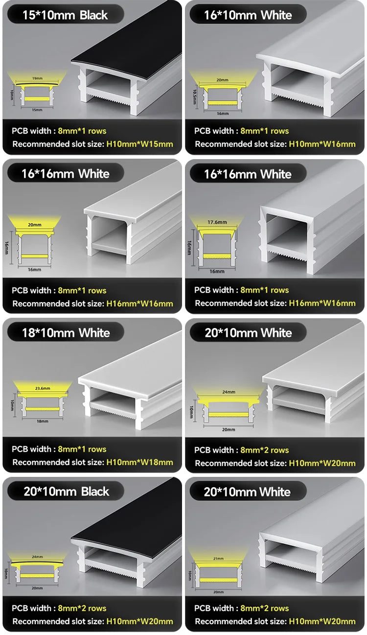 1M-10M LED Neon Rope Tube Soft Silicone Diffuser Channel Black/White Flexible Ribbon Strip Light for Recessed Channel