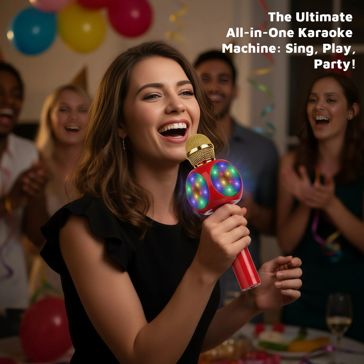 Wireless Bluetooth Karaoke Microphone Speaker, Portable Handheld Mic with HIFI Sound, Echo, LED Light for Singing, Party, Gift