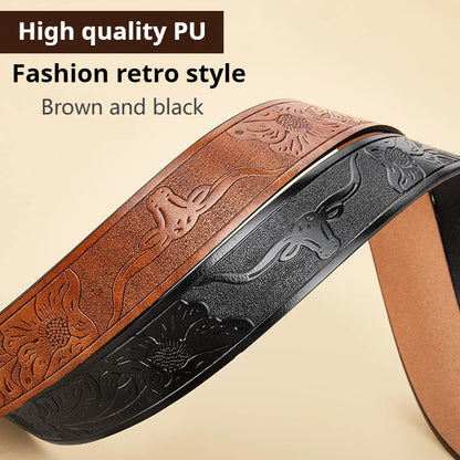 Western Cowboy PU Leather Belt - Men Waist Strap Bull Decoration Floral Engraved for Jeans