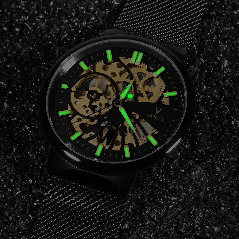 SKROX Luxury Brands Fashion Man Wrist Watches Steel Skeleton Ultra Thin Mechancical Clock Mesh Strap Waterproof Manual Movement