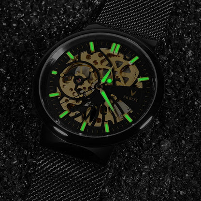 SKROX Luxury Brands Fashion Man Wrist Watches Steel Skeleton Ultra Thin Mechancical Clock Mesh Strap Waterproof Manual Movement