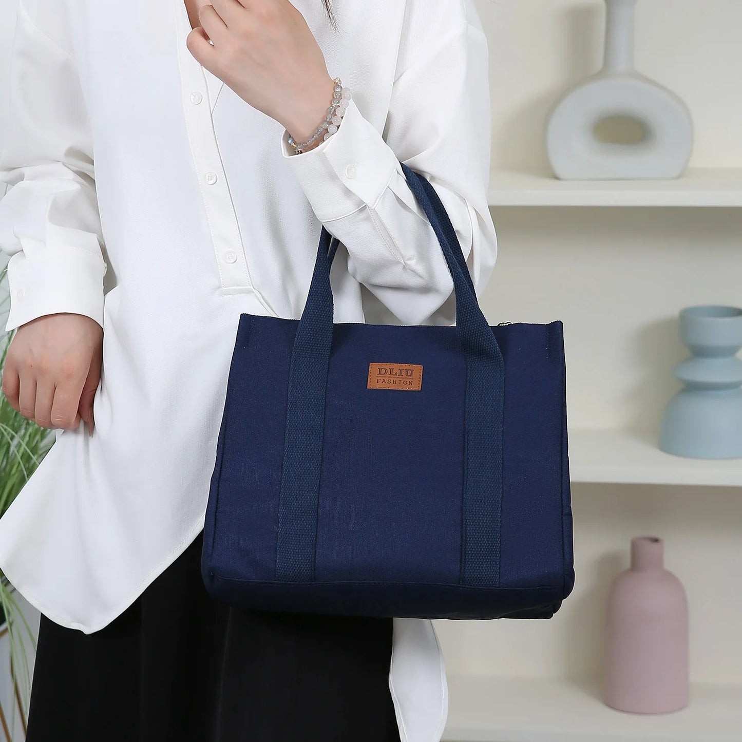 Solid Color Lunch Bag, Tote Bag with Foil Inner Zipper Closure Large Capacity Portable, Work, School, Utility Bag with Meals
