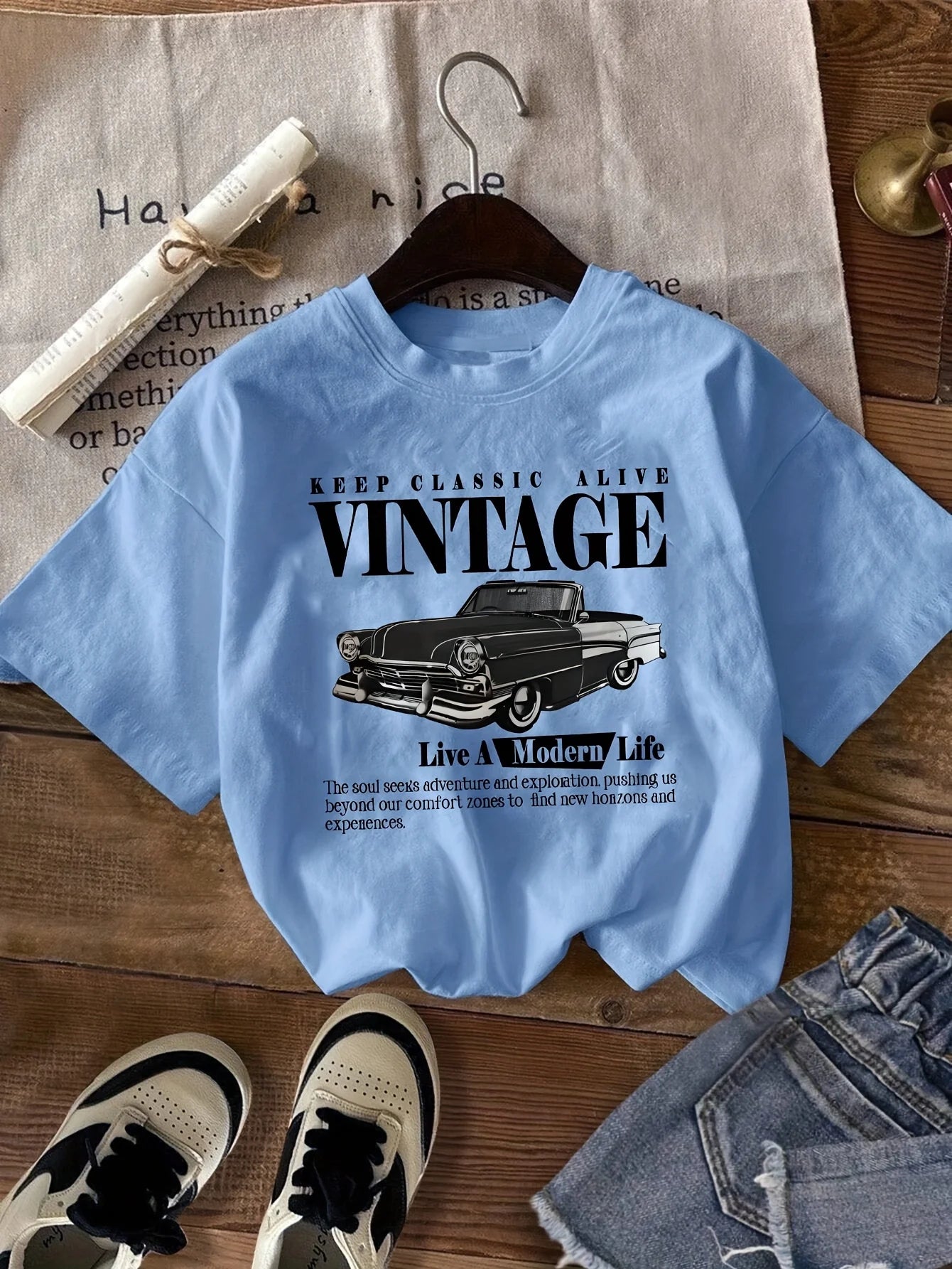 Vintage Car Print T-Shirt Medium Stretch Knit Fabric Casual Sports Style Spring/Summer Top  y2k top  women clothing