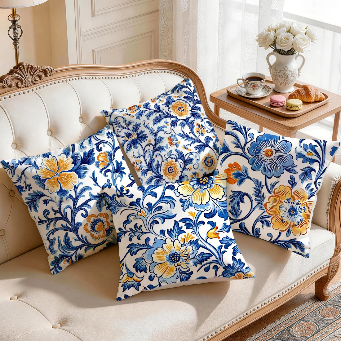 1pcs/4pcs Blue Flower Cushions Pillowcase Polyester Cushion Cover Throw Pillow Pillowcover Home Car Sofa Decor
