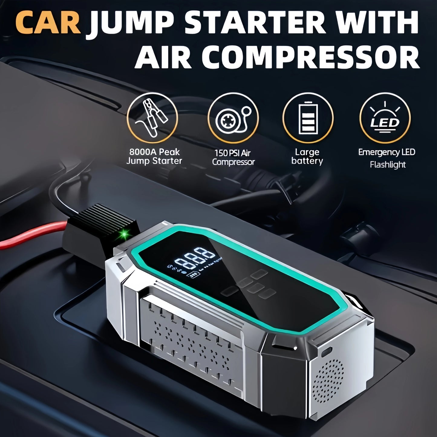 Truck Jump Starter, 180Psi Tire Inflator Compressor, 8000A Emergency Start Power Bank