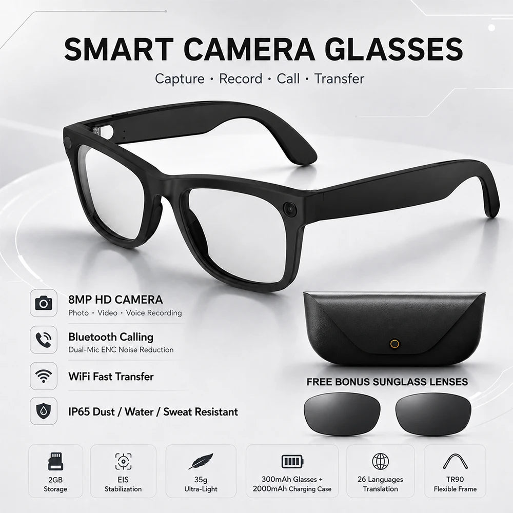 2026 New AI Smart Glasses 8MP HD Camera AI Translator Surround Sound Audio Smart Assistant 2000mAh Charging Case Smart Eyewear