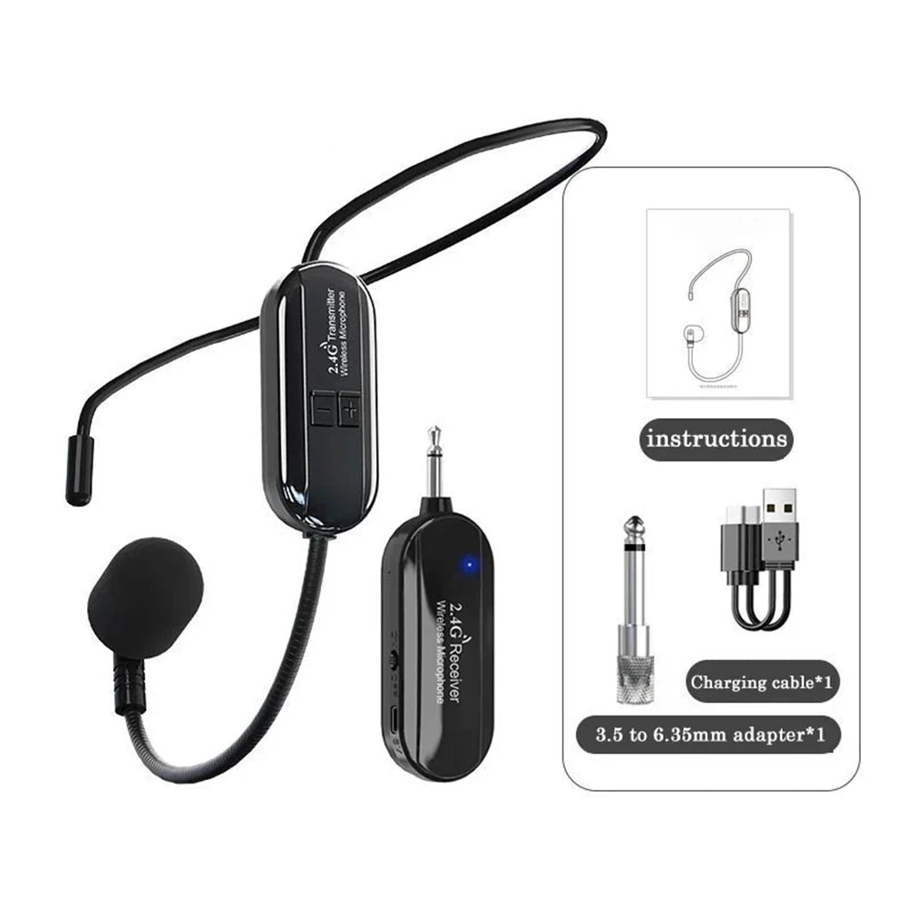 Wireless Headset Microphone Kit 2.4G with Transmitter And Receiver for Voice Amplifier Speaker Suitable for Teaching Stage Guide