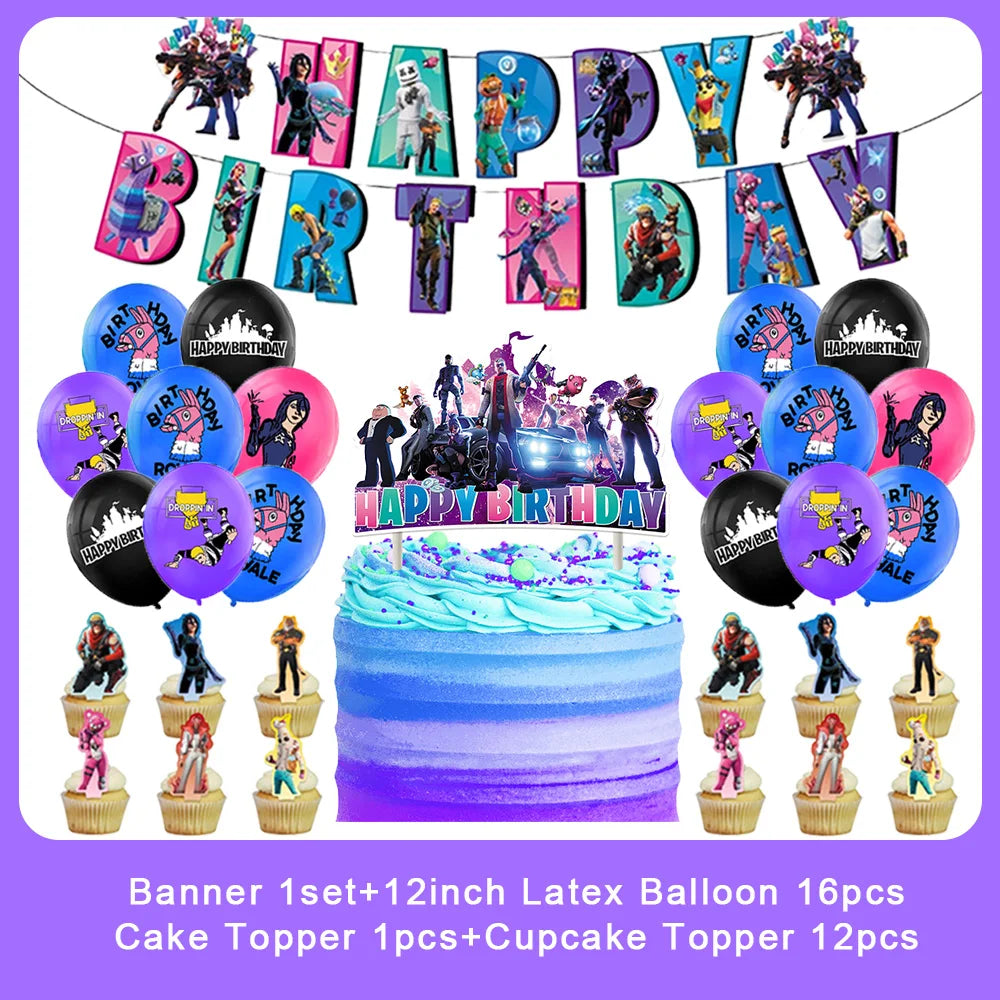 Fortnite Theme Birthday Party Decorations Shooting Game Balloon Cup Plate Tablecloth Banner Baby Shower Kid Favors Supplies Gift