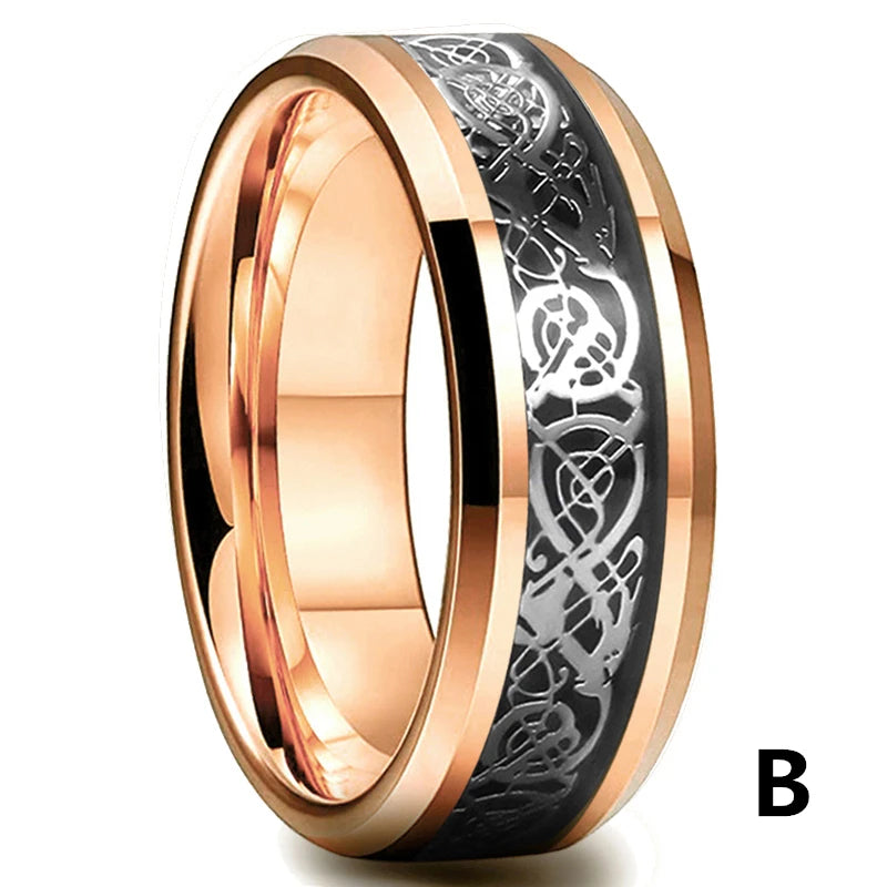 30 Colors Fashion 8MM Men Stainless Steel Celtic Dragon Rings Inlay Carbon Fiber Rings For Men Women Wedding Party Jewelry Gifts