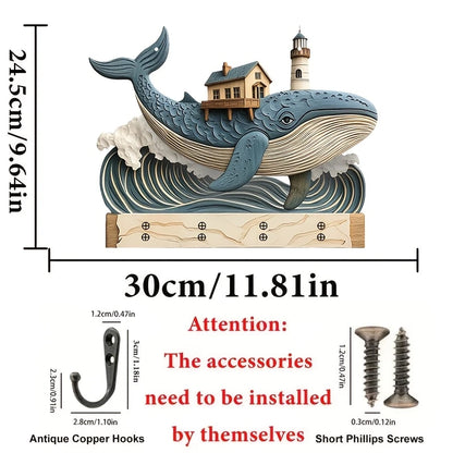1 Piece 2D Wooden Hanging Decoration with Household Key Hook Whale Pattern Wooden Key Hangers Wall Wall Mount Room Decoration