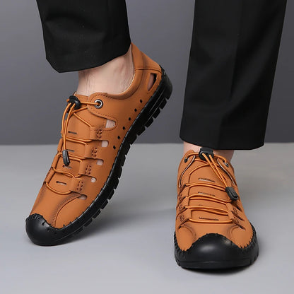 Men's Summer New Hollow out Breathable Leather Sandals Outdoor Anti-Slip Soft Bottom Casual Cover Toe Slip-On Shoes-8025
