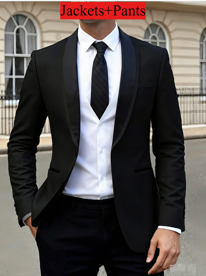 Men's Slim Fit Business Suit Black Shawl Lapel Casual Tuxedos for Wedding Groomsmen Suits Set