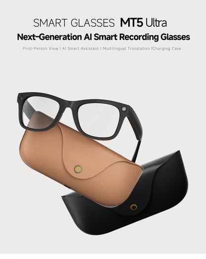 MT5 Ultra AI Smart Glasses 8MP Camera Video Recording Real-Time Translation Bluetooth Call Music with Charging Case