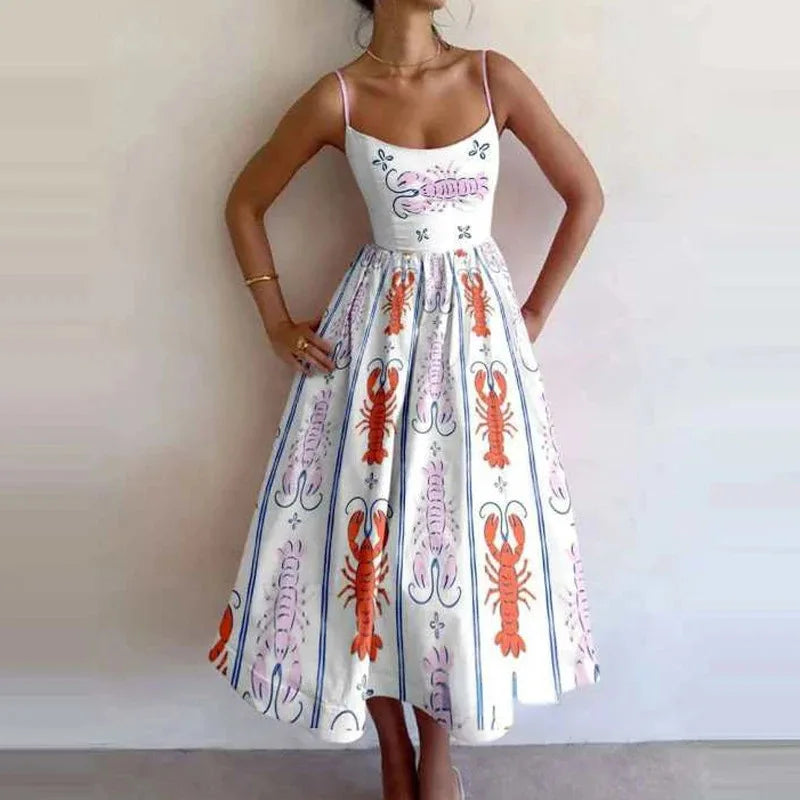 VEITCHE Fashion Women Print Suspenders Blue Ocean Fish Pattern Sexy Long Dress 2025 New Spring Summer Temperament Maxi Dresses