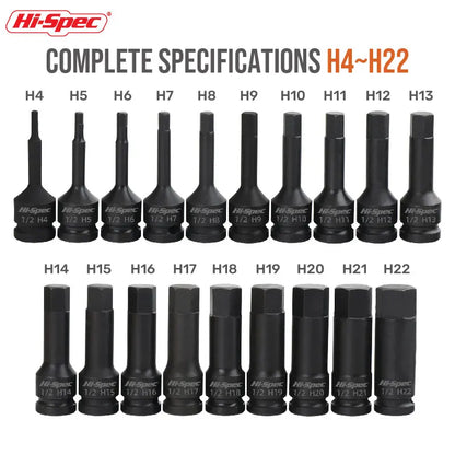 Hi-Spec 1/2" Drive Impact Hex Bit Socket Heavy Duty Cr-Mo Steel Metric Allen Head Adapter Professional Impact Grade Tool