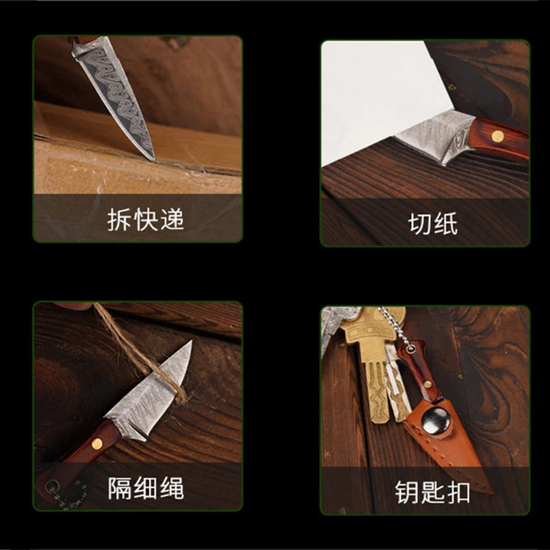 Portable Mini Knife Brass Wood Unboxing Hollow Blade EDC Fixed Blade Leather Cover Cutter Outdoor Surivival Tools Gift