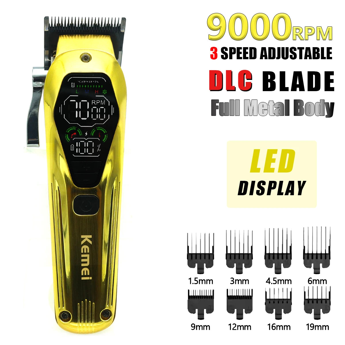 Kemei KM-1698 Men's Hair Clipper 9000RPM 10W High Power Full Metal DLC Blade LED Display Professional Hair Cutting Hair Trimmer