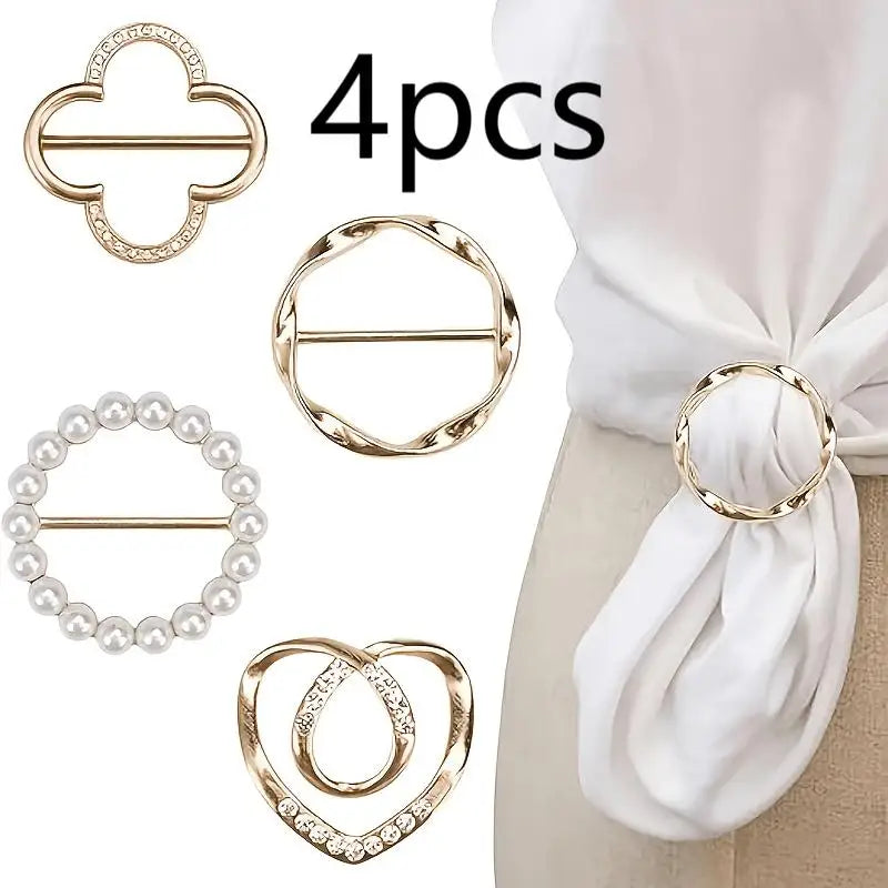 4-piece Elegant Scarf Buckle Set - Zinc Alloy Metal Circular Shirt Clip, Dress and Scarf, Women's Fashion Accessories