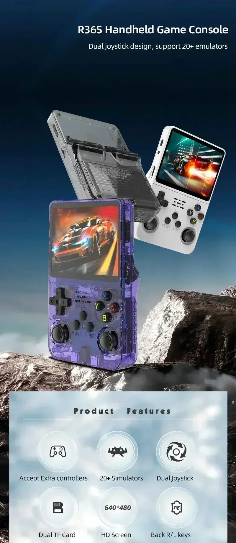 R36S Retro Handheld Game Console - 3.5 Inch IPS Screen, 64GB/128GB/256GB, Portable Gaming Device with Built-in Games
