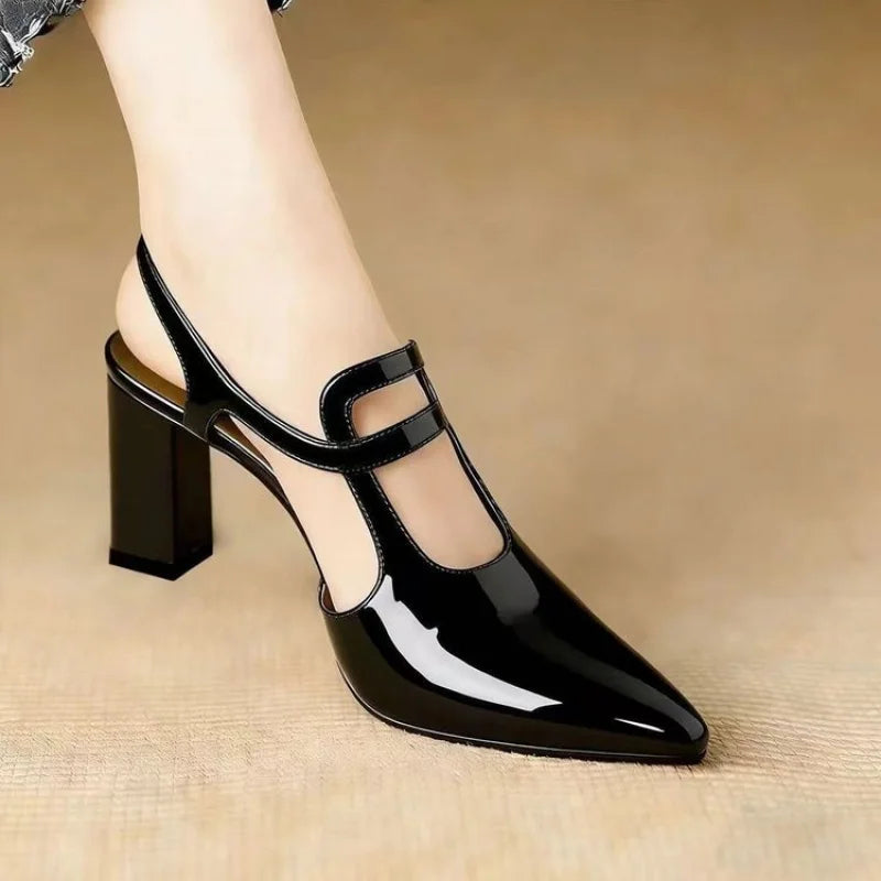 Women Pumps Pointed Toe Block High Heels Slingback Mary Janes Cutout Ankle Strap Elegant Office Career Dress Shoes